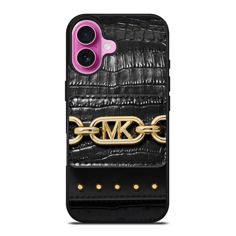 MICHAEL KORS MK LOGO BLACK LEATHER HAND BAG iPhone 16 Plus Case Cover
