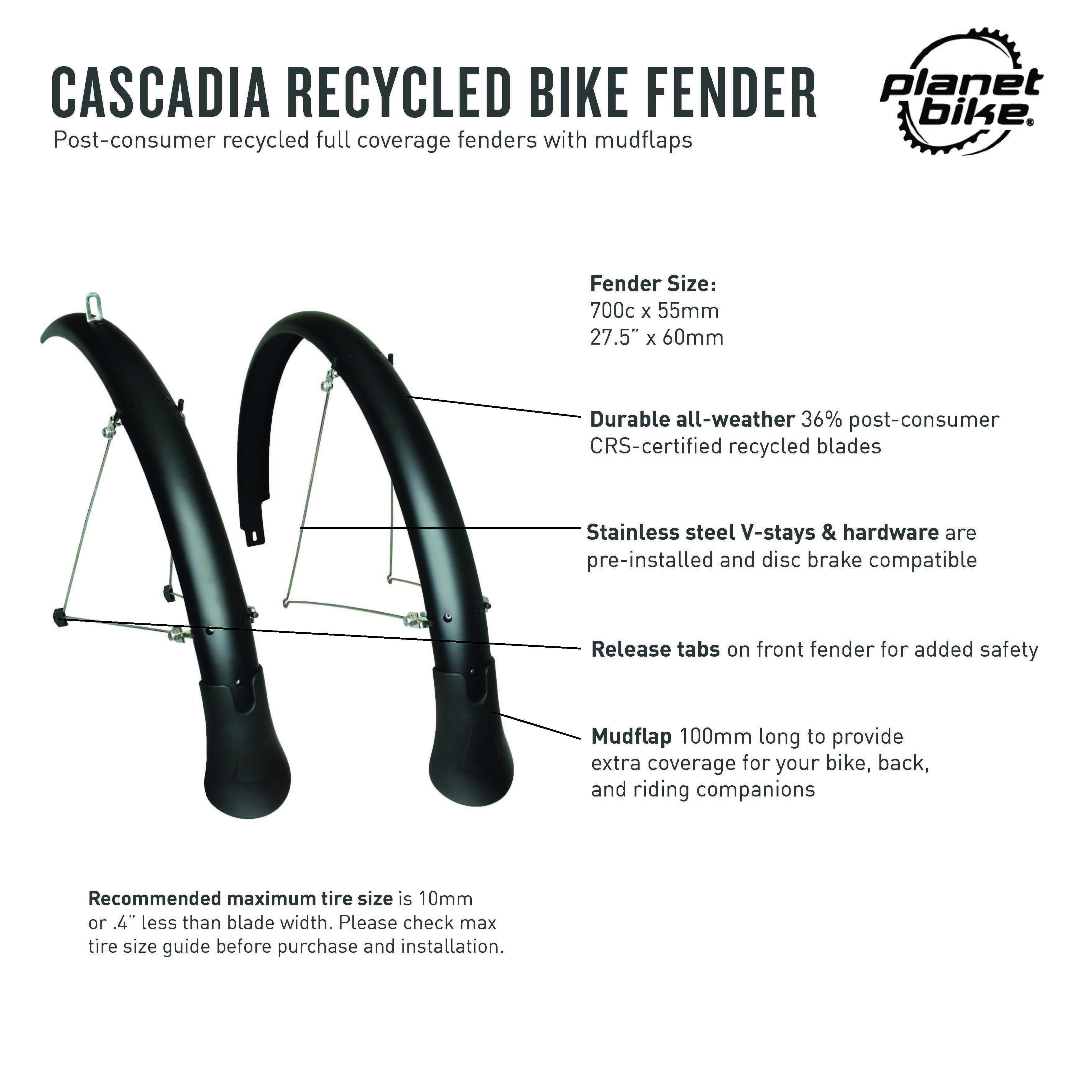 Cascadia Recycled Bike Fenders 700c x 55mm | Planet Bike