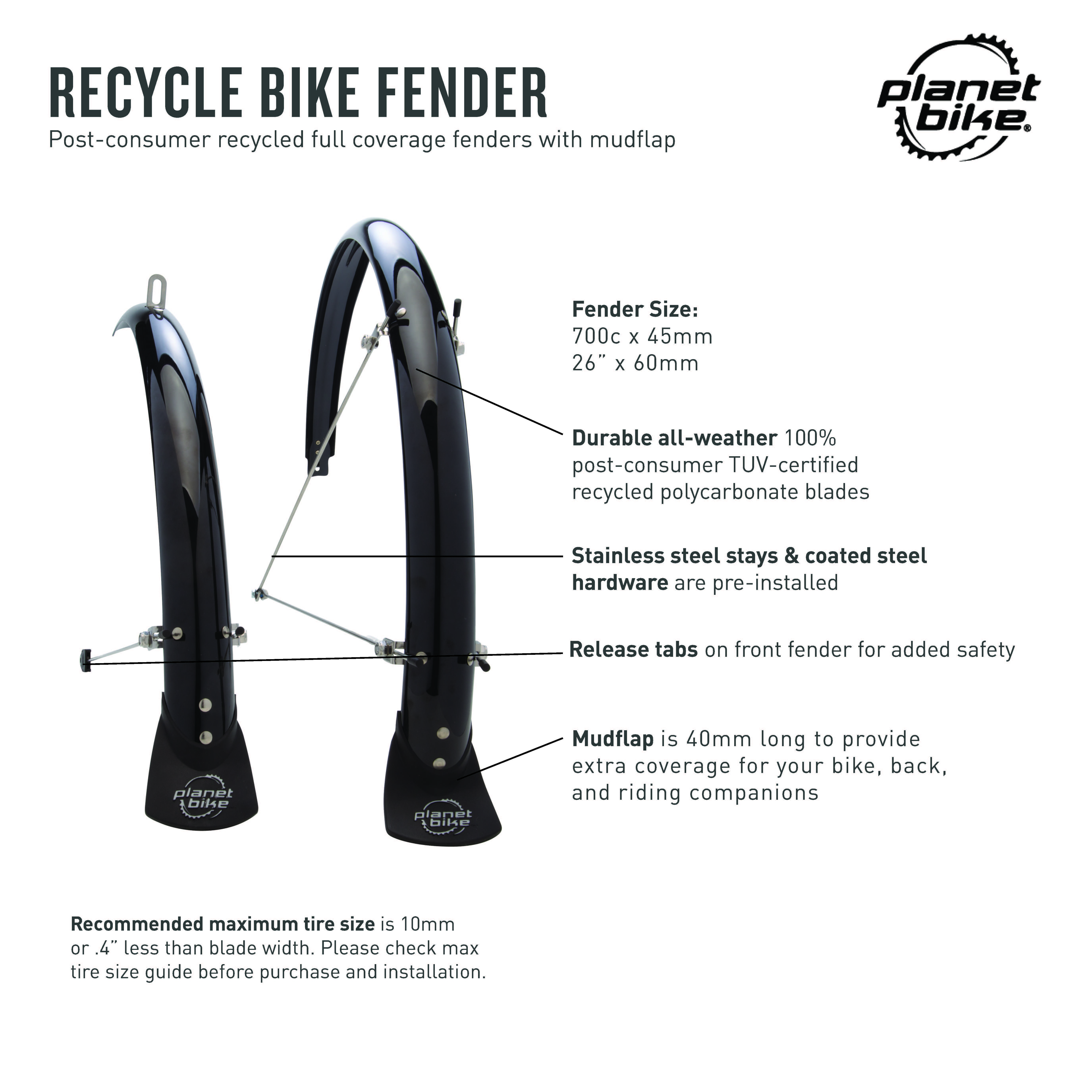 Recycle 700c x 45mm Bike Fenders | Planet Bike
