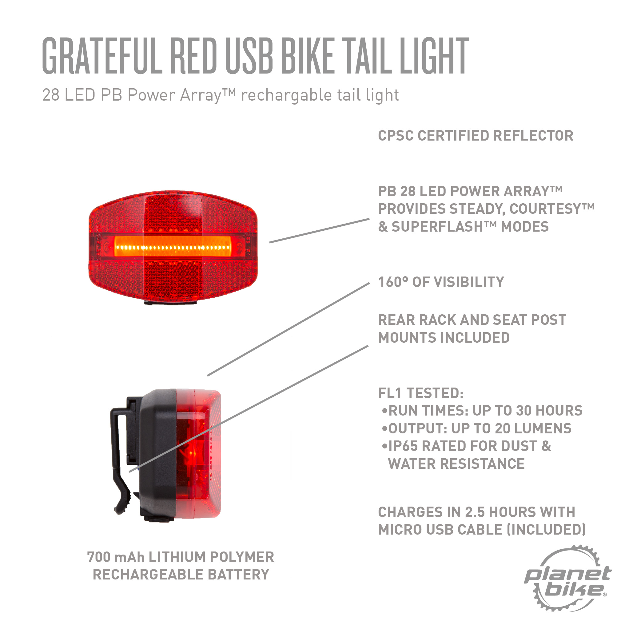 grateful red usb bike tail light