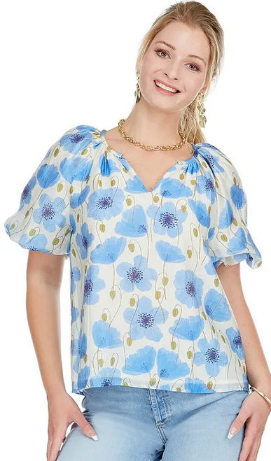 Blue Cosmos Floral Peasant Blouse