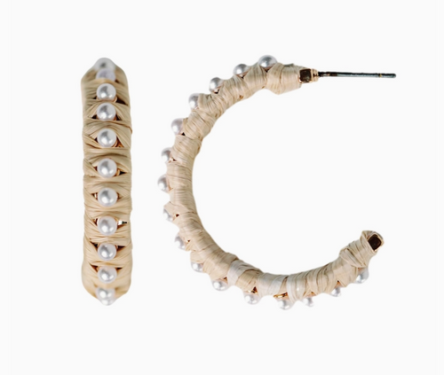 Natural Pearl Studded Raffia Hoops