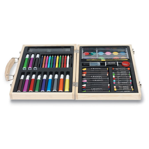 sustainable product artist's wooden box with paint, crayon, coloured pencils, water colors