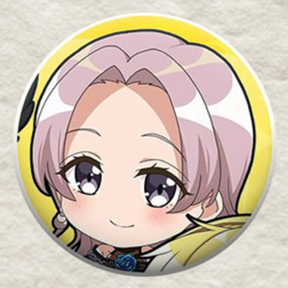 button badge with a girl with red hair, in the style of anime-inspired character designs, dark yellow and light pink