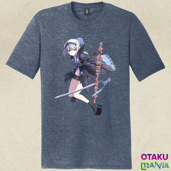 Kogarasumaru Tshirt - a girl wearing a black outfit and holding a sword, in the style of light gray and dark azure,