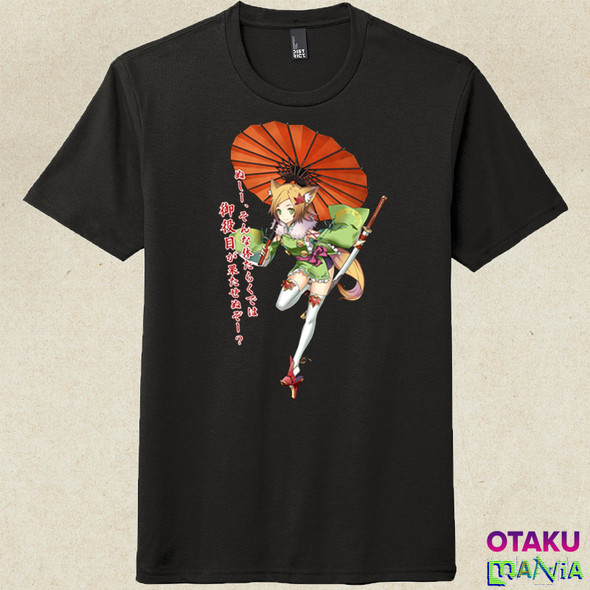 Kogitsunemaru - tshirt design - a girl wearing a parasol in the background of a t shirt, in the style of vibrant manga, light brown and green, animecore, imitated material, dark orange and light black, lively tableaus, neo-folklore