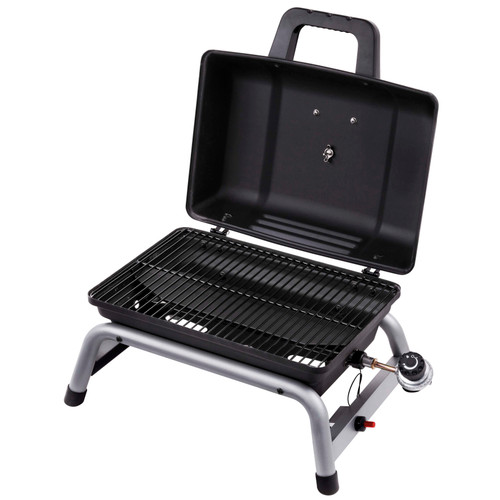 The Char-Broil Portable Gas Grill 240 is the perfect on-the-go grill for tailgating, beach parties and camping. Features 240 sq. in. of cooking space, black porcelain finish, Piezo ignition for fast, reliable startups, four-legged design for tabletop grilling and fits 1 lb propane tank (not included).