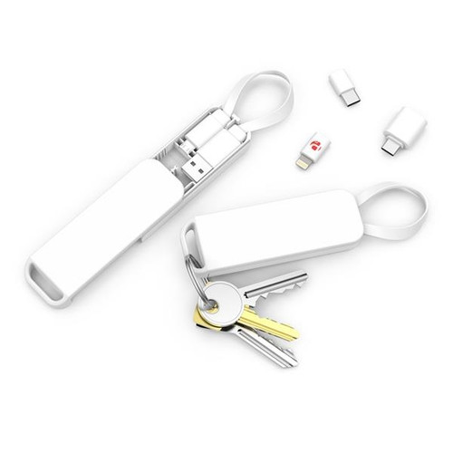 This unique kit includes a 3.5 inch charging cable and 3 tip attachments. The cable and tips can be combined to create 6 different
cable variations. With CableKit you'll always have the right charging cable handy, no matter what the device or connection type. Case top slides off to store tip attachments while not in use. Can hang from a keychain or bag. Perfect for travel or as part of your everyday tech gear. Included Apple lightning tip is MFI certified.