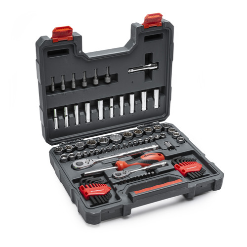 A wide assortment of Crescent brand hand tools. Includes a 3/8" and a 1/4" quick-release ratcheting drive each with a large selection of standard & deep sockets in the most common sizes; 8 SAE hex keys and 8 metric hex keys; a magnetic bit driver and 10 bits; 6 nut bit set; and a durable storage case.