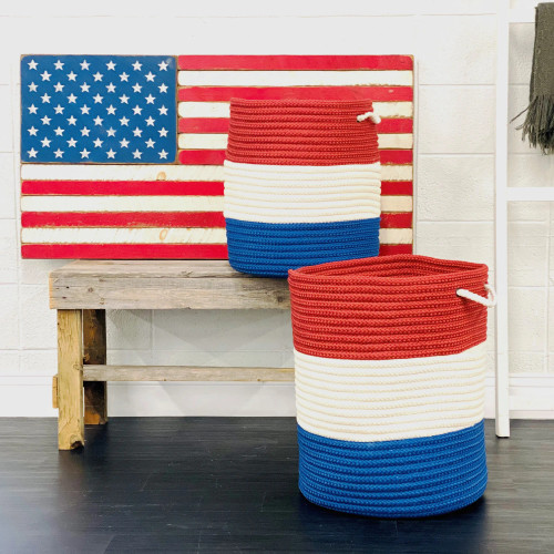 Patriot Red Colonial Mills America Woven Hamper.  Braided American Flag Storage Hampers without lid Made in the USA