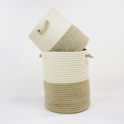 Beige Colonial Mills All-Natural 2-Tone Woven Hampers. Braided Hampers Made in the USA