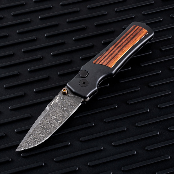 Hogue Saxum Button Lock Knife Black Aluminum/Kingwood  24690-LIM