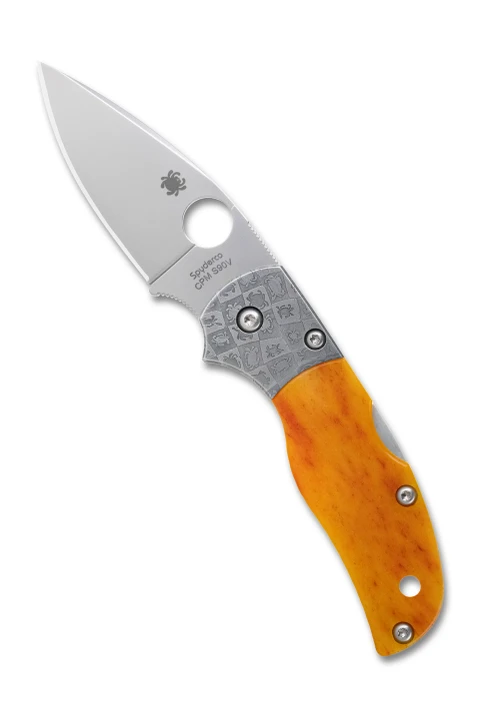 Spyderco Native 5 Lockback Knife 50th Anniversary Amber Bone Handles w/ Mosaic Damascus Bolsters Satin S90V Blade C41BA50TH