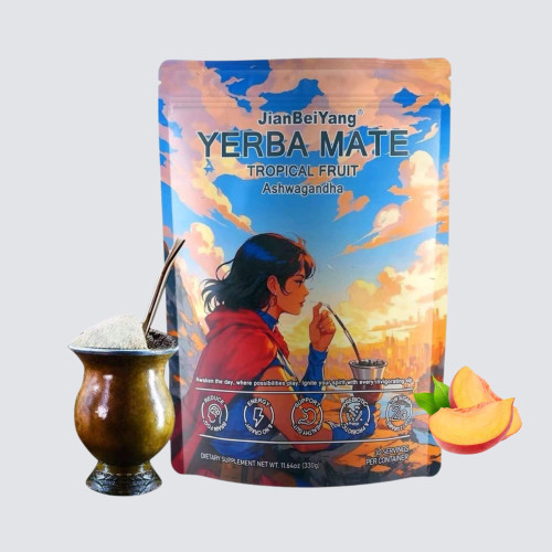 JianBeiYang Yerba Mate Tea Instant Powder Super Drink with Tropical Fruit, Ashwagandha & Lions Mane 30 Serving 11.64 OZ (330g)