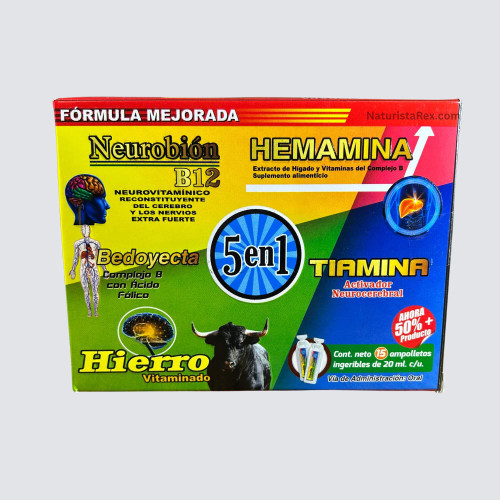 Dragon Dorado Multivitamins 5 en 1 Bedoyecta, Hierro, Neurobion, Tiamina B1 15 Micro vials of 20 ML