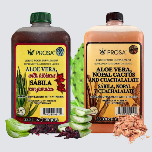 PROSA Mix Combo Aloe Vera, with Hibiscus & Aloe Vera, Nopal Cactus, Cuachalalate, Sabila 2 Piece Combo Set – 2 bottles of 33.8 fl oz each