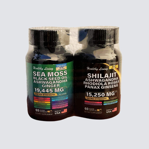 Healthy Living Sea Moss, Black Seed Oil, Ashwagandha, Ginger & Shilajit, Ashwaganha, Rhodiola Rosea, Panax Ginseng 2 Piece Combo Set – 2 bottles of 60 Capsules each
