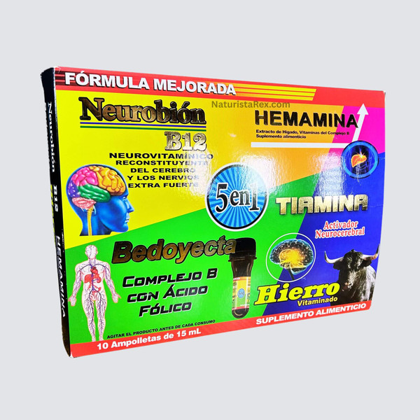 Dragon Dorado Multivitamins 5 en 1 Bedoyecta, Hierro, Neurobion, Tiamina B1 10 Micro vials of 15 ML