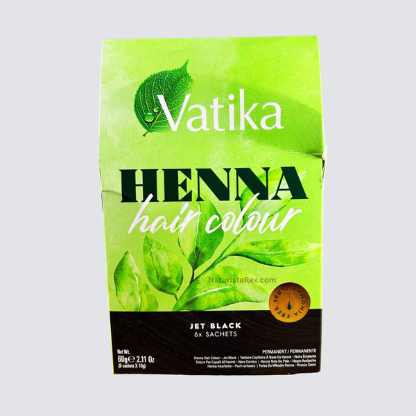 Vatika Henna Jet Black PERMANENT HAIR COLOUR 100% AMMONIA FREE (60g) 2.11 OZ (6 sachets X 10g)