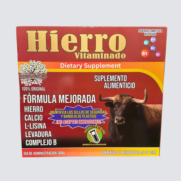 Hierro Vitaminado FÓRMULA Mejorada (HIERRO, CALCIO, L-LISINA, LEVADURA
COMPLEJO B) 10 Micro vials of 15 ML
