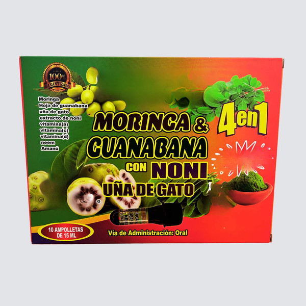 4 en 1 Moringa & Guanábana Noni Cats Claw herb Dietary Supplement - 10 Micro Vials of 15 mL