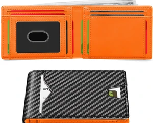 Slim RFID Bifold Leather Wallet with Business ID & Credit Card Holder (orange or black interior)
