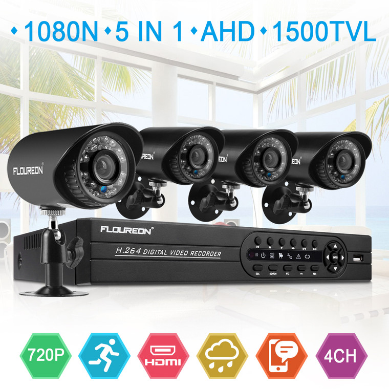 Security Camera System, FLOUREON Outdoor Security Wired Surveillance Cameras with 4CH 720P HD Night Vision Indoor Outdoor Weatherproof CCTV Cameras Motion Alert