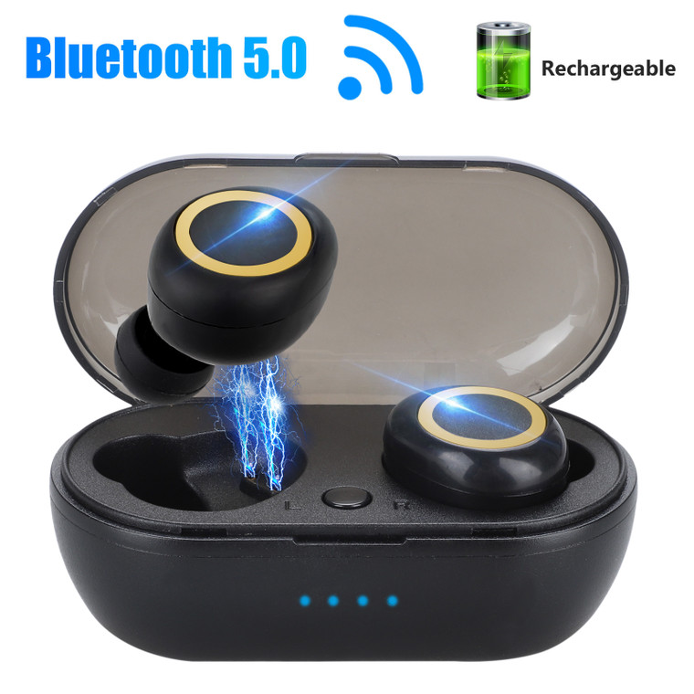 TSV 5.0 True Wireless Bluetooth Earphones, Universal Sport Earbuds with Charging Box, Waterproof Long Standby Three Modes Optional Fit for iPhone 11/11 Pro/Pro Max Samsung Galaxy S10/9/8 Plus Huawei - Black/Gold