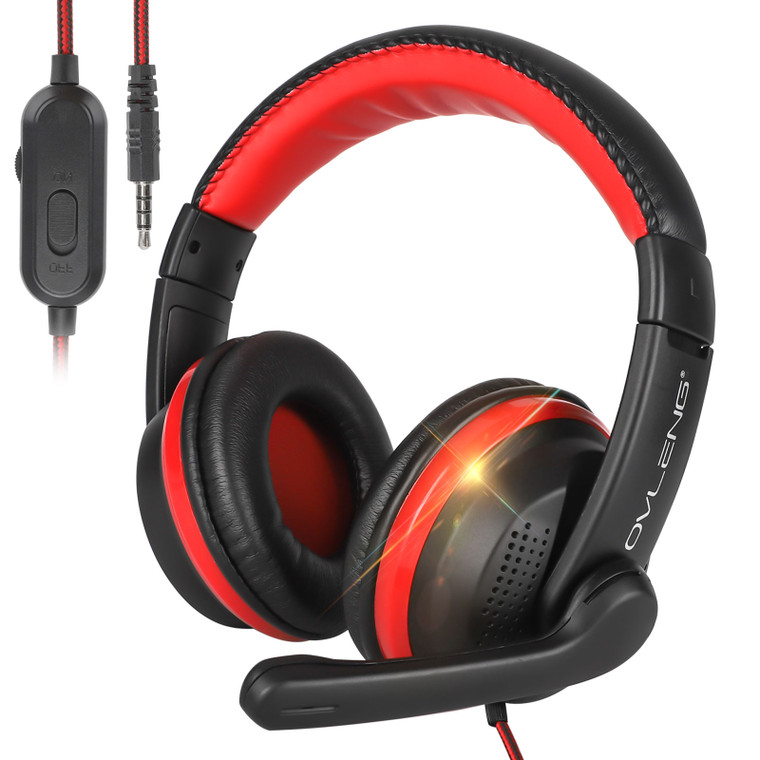 OVLENG Gaming Headset Stereo Adjustable Headphones with Mic, Soft Earmuffs, 3.5mm Jack, Volume Control, Compatible with PS4, Xbox One, Cellphones, Tablets, Android, Mac, PC - RED
