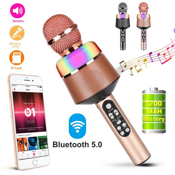 Wireless Bluetooth Karaoke Microphone, Karaoke Microphone LED Handheld Mic Music Player Speaker with Record Function - Rose Gold
