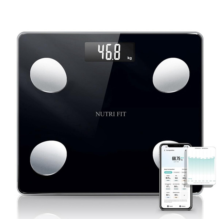 Nutri Fit Digital Bathroom Smart Scale for Body Weight with Bluetooth for BMI, Body Fat, Muscle Mass 20 Body Composition Analyzer Health Monitor Sync Apps 330lbs, Batteries Included