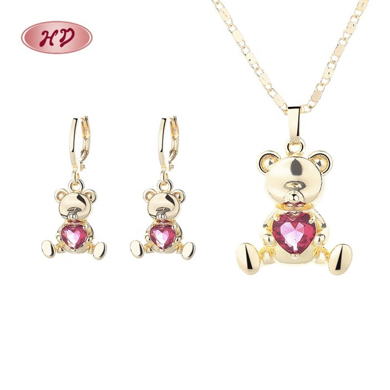 Bear Chain,Charm and Earring Set for Kids - 18K Gold Plated Copper