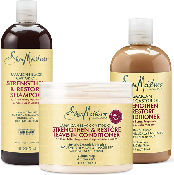 Shea Moisture Jamaican Black Castor Oil Combination Pack – Strengthen, Grow & Restore System – 13 oz Shampoo, 13 oz. Conditioner & 11 oz. Leave-In Conditioner