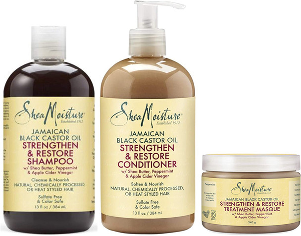 Shea Moisture Jamaican Black Castor Oil Combination Pack - Strengthen, Grow & Restore System - 13oz Shampoo, 13oz Conditioner, 12oz Treatment Masque