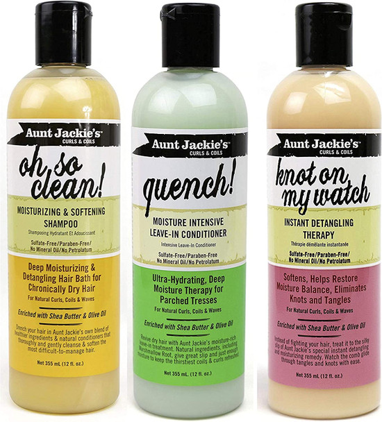 Aunt Jackie's Sulfate Free Trio Combo (Oh So Clean Shampoo, Knot on my Watch Detangler, Quench Leave-in Conditioner by Aunt Jackie's