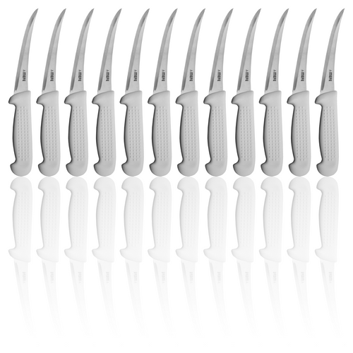 Box of 12 - 6"/15cm Hollow Ground Curved Boning Knife - Beaded White Fibrox Handle