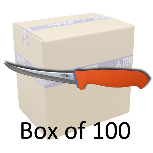 Box of 100 - 6"/15cm Curved Boning Knife - Hollow Ground - Orange Soft Grip Handle