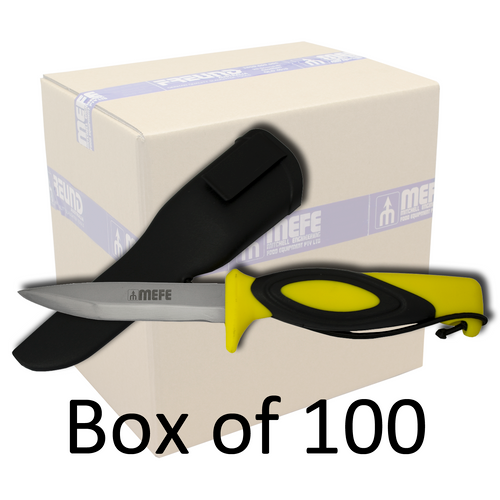 Box of 100 - 4"/10cm Hunting / Fishing Knife With Cord And Sheath - Yellow Soft Grip Handle