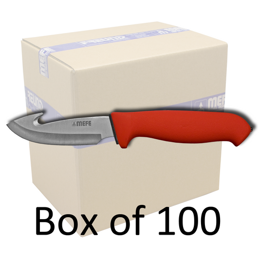 MEFE Box of 100 - 4.5"/11cm Skinning Gut Hook Knife - Red Double Soft Grip Handle