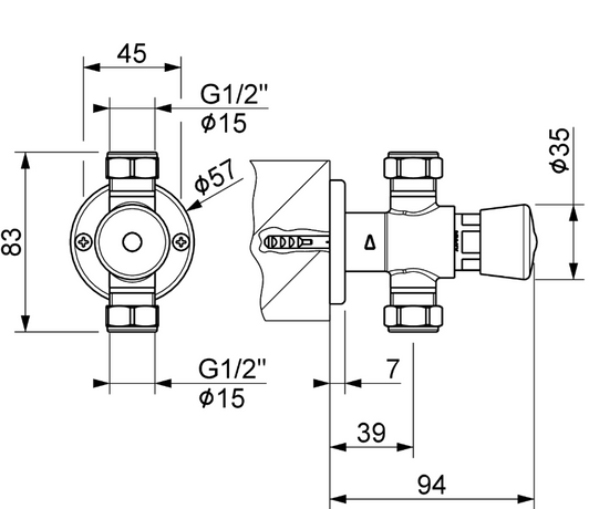 MEFE Push Button Foot/Knee  Valve 1/2" Dimensions