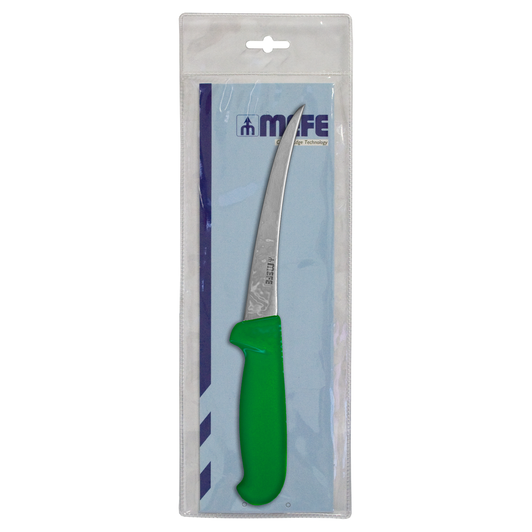 MEFE 6"/15cm Curved Boning Knife - Green Fibrox Handle In Plastic Knife Bag