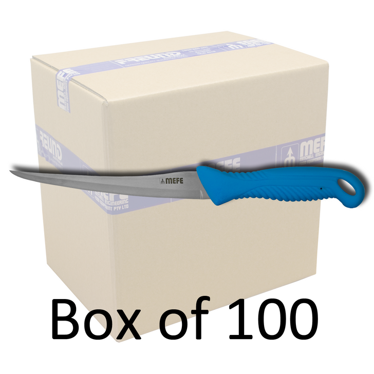 Box of 100 - 7"/18cm Flexible Filleting Knife - Blue TPE Handle - Hollow Ground Blade