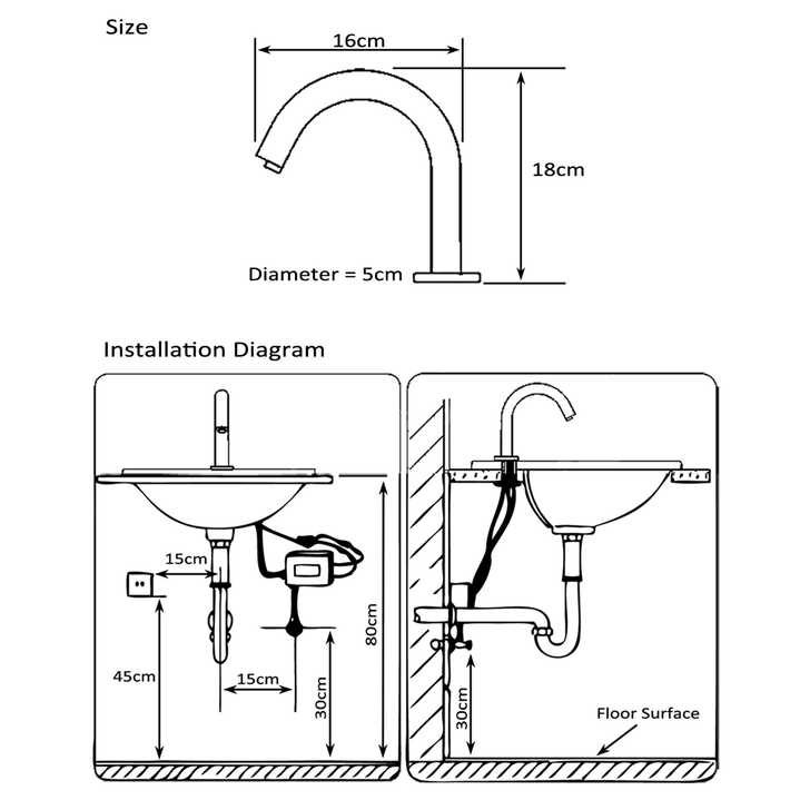 MEFE Sensor Tap - Hospital Spout 18cm - Deck Mounted - Install Diagram
