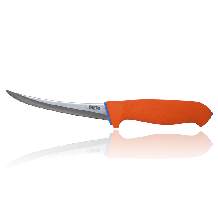 6"/15cm Hollow Ground Curved Boning Knife - Orange Soft Grip Handle [18+]