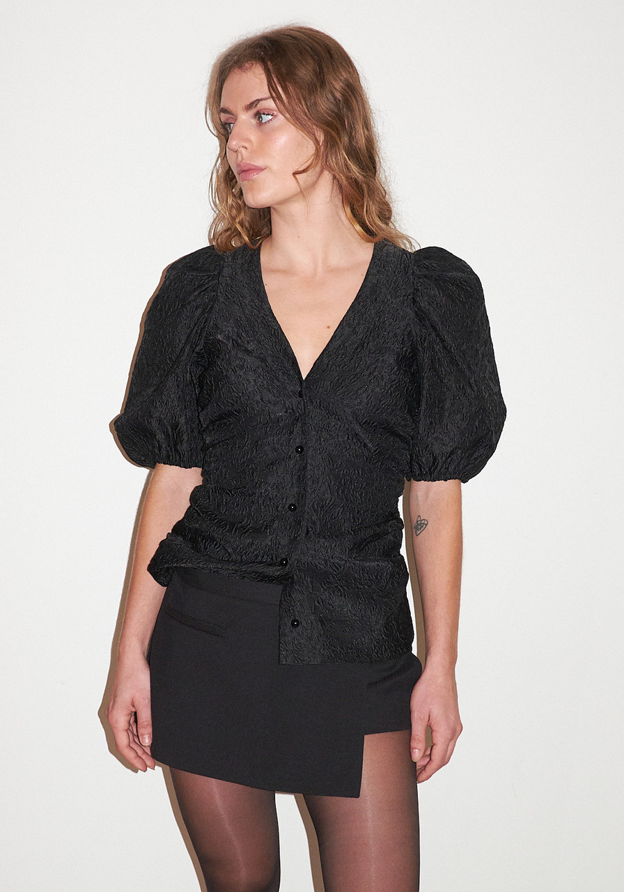 Ganni Jacquard Organza Gathered V-neck Blouse - LE POINT