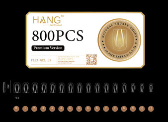 HANG Gel -X Tips Premium Version - Square Short 800pcs / 12 Sizes + FREE 1 Extend Gel Base 0.5oz