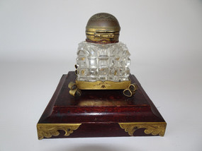 Rare mid 19th century partners inkwell with a double opening brass top and cut crystal on a wooden base with brass mounts.