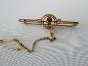 Victorian 9 Carat Gold Bar Brooch with Tourmaline and Seed Pearls