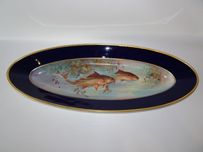 Antique Limoges hand painted fish platter cobalt blue border gold trim 1890s