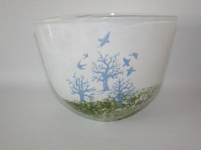 Kjell Engman October art glass bowl for Kosta Boda Sweden with tree and bird landscape design
